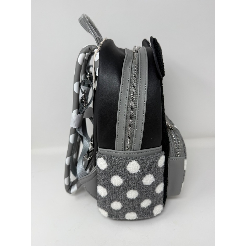 Loungefly Disney Minnie Mouse Vintage Polka Dot‎ Sherpa Mini Backpack Black Grey - Picture 3 of 5